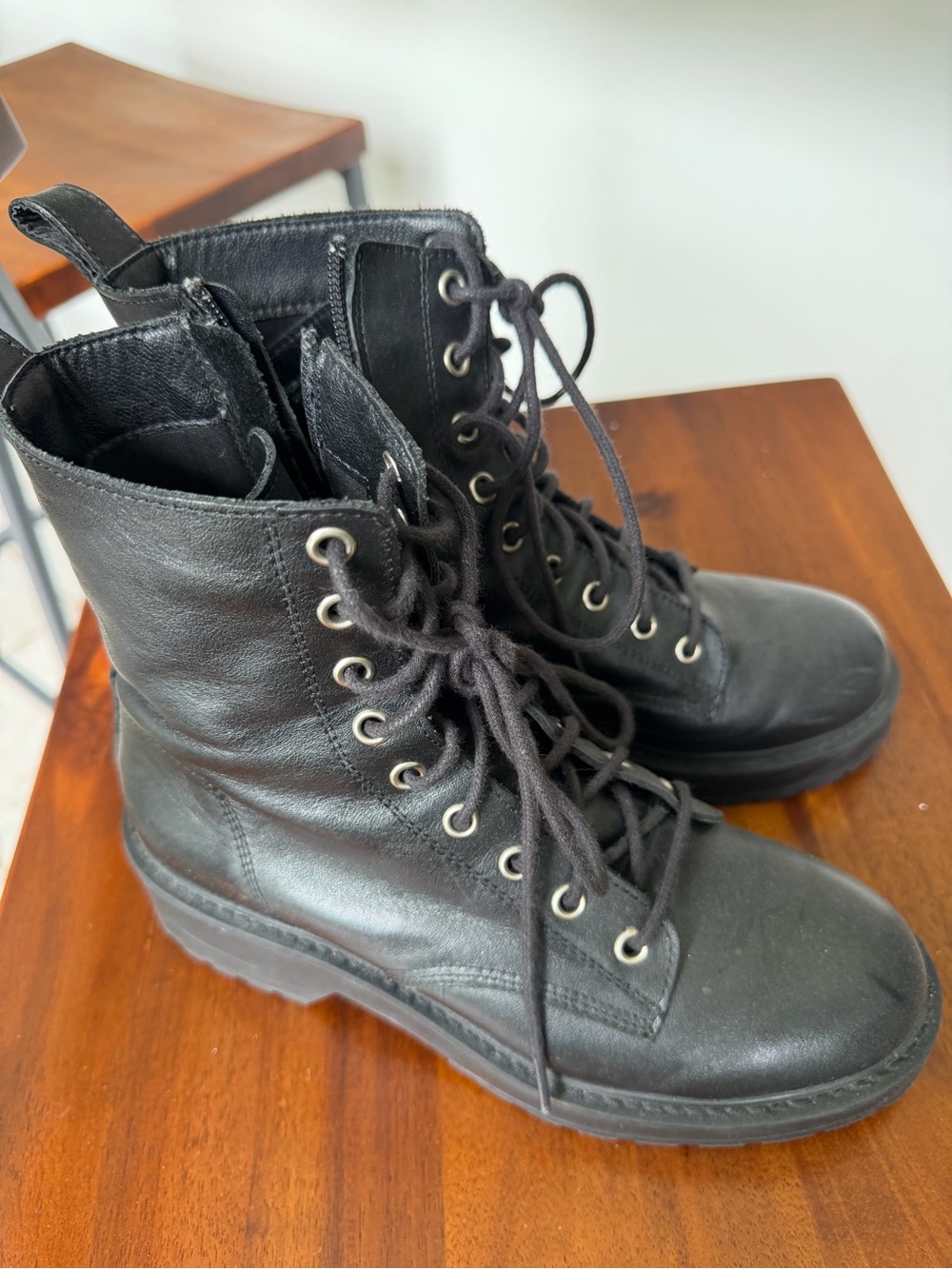 Steve Madden Black Leather Lace-Up Combat Boots